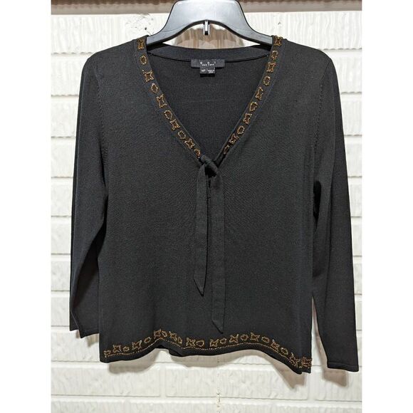 E.C. I.  N.Y. size 14P V-Neck black silk sweater with beaded trim - Picture 1 of 5
